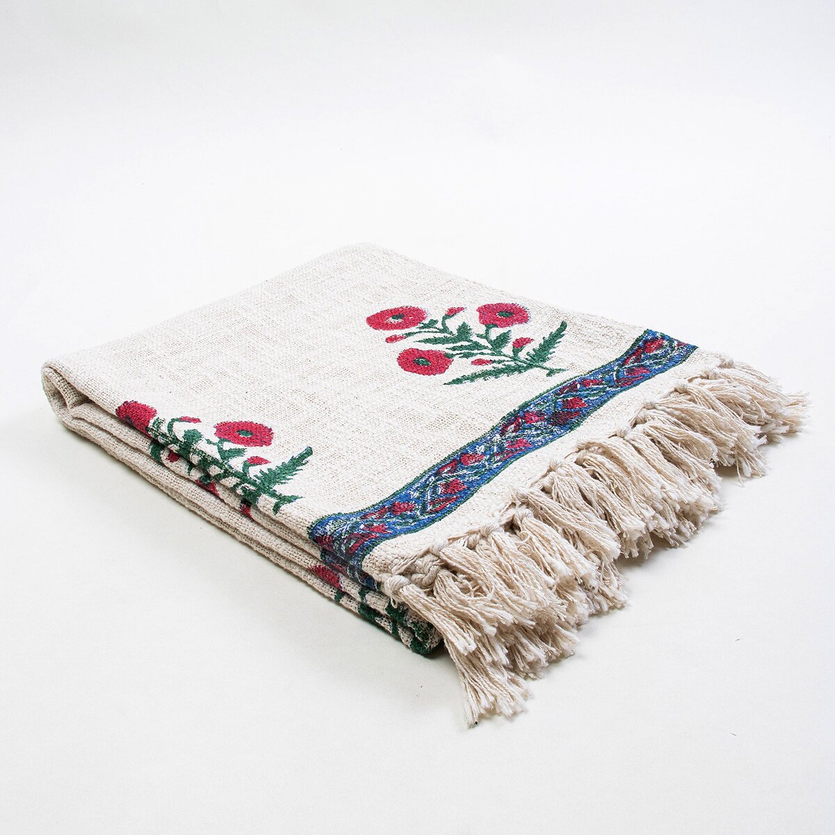 Maroon Marigold Floral Decor Cotton Block Print Throw Blanket