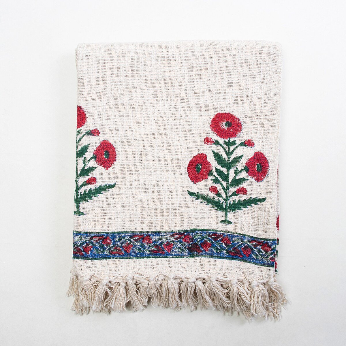 Maroon Marigold Floral Decor Cotton Block Print Throw Blanket