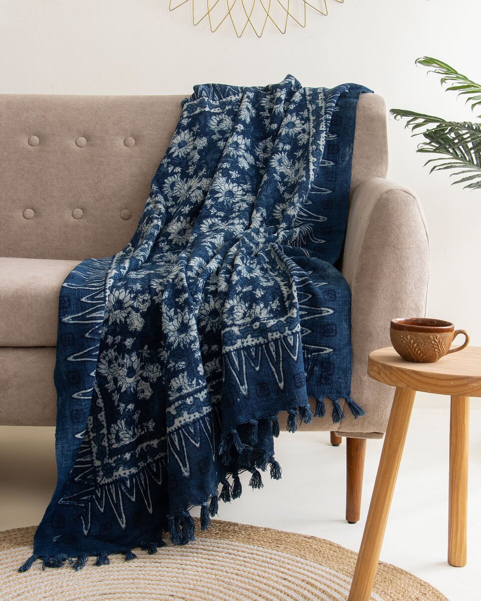 Blue Hand Block Sun Flower Print Pure Cotton Throw Sofa Blanket