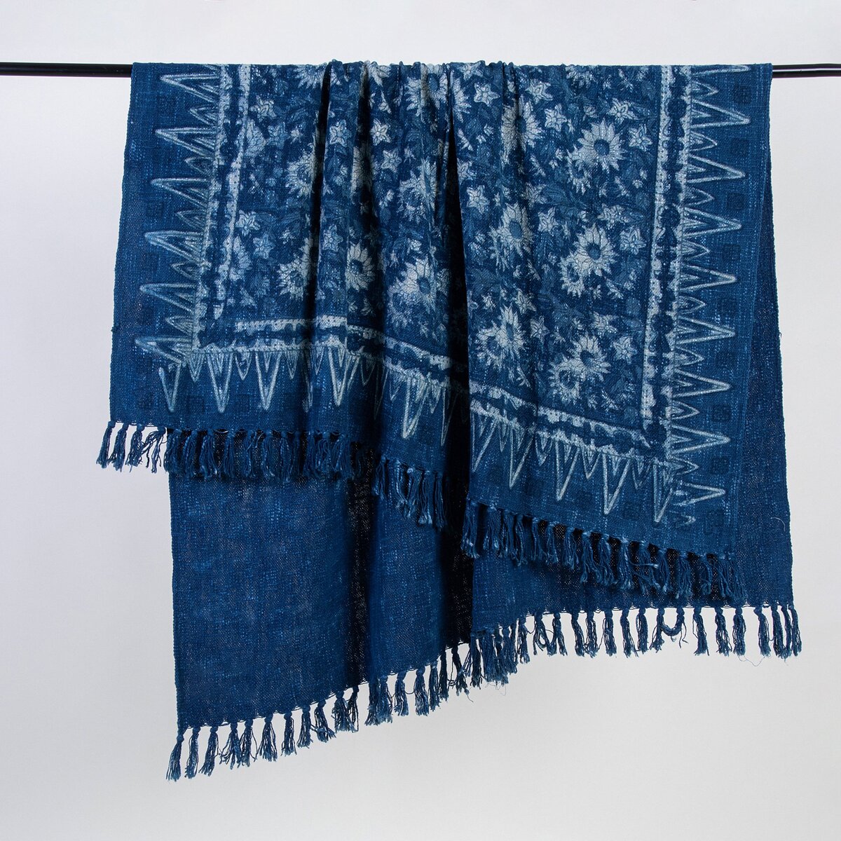 Blue Hand Block Sun Flower Print Pure Cotton Throw Sofa Blanket