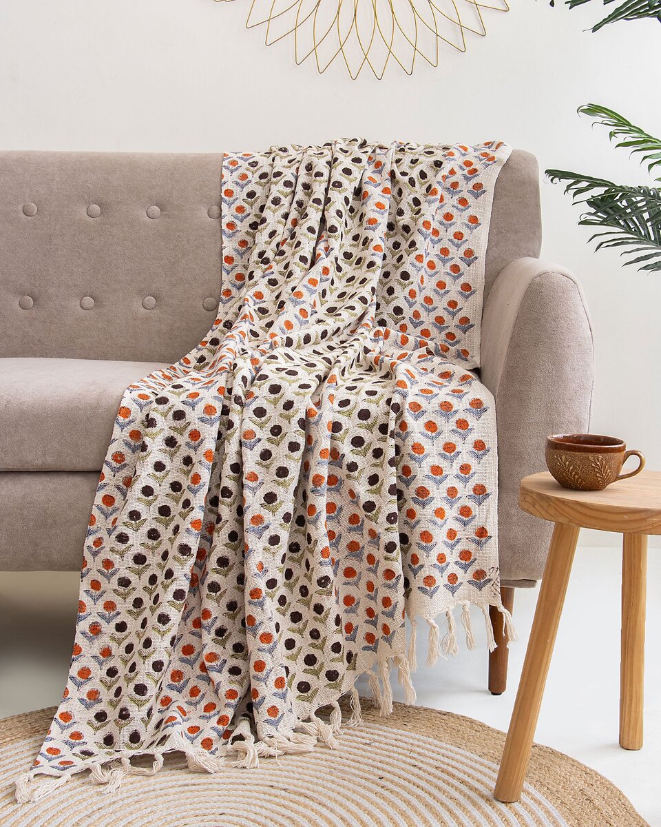 Luxury Multicolor Floral Printed Cotton Sofa Throw Blanket