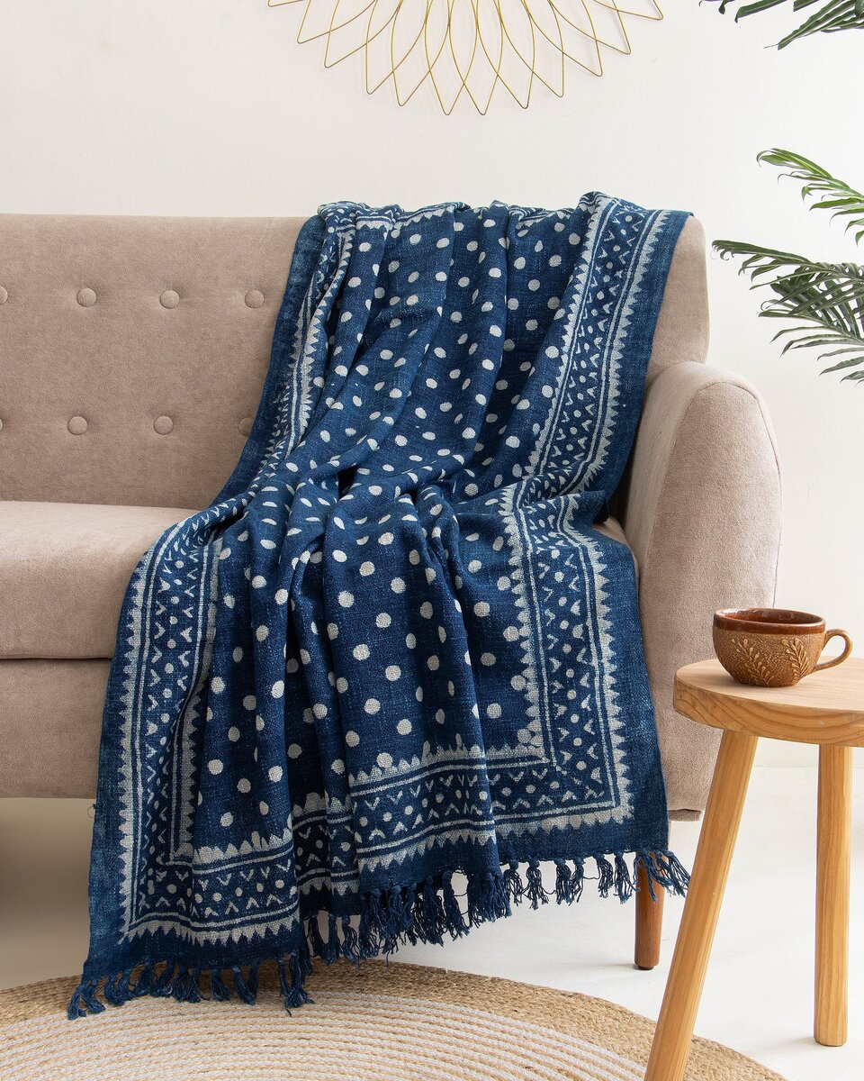 Blue Hand Block Polka Dots Print Cotton Throws for Sofas and Home Decor