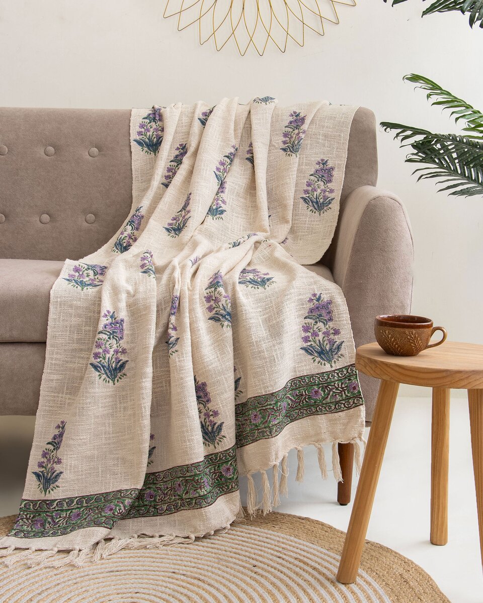 Purple Cotton Stylish Floral Print Throw For Home Decor Items