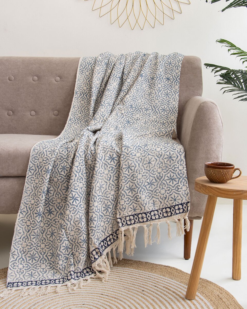 Blue Geometrical Design Hand Blockprinted Sofa Throws