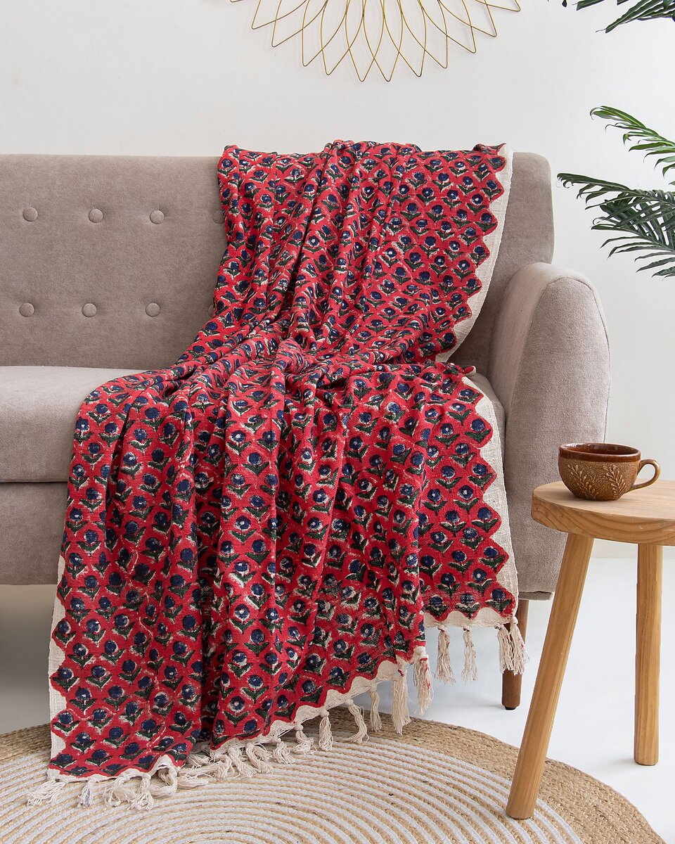 Rose Floral Print Authentic Handmade Throw Blanket For Home Decor