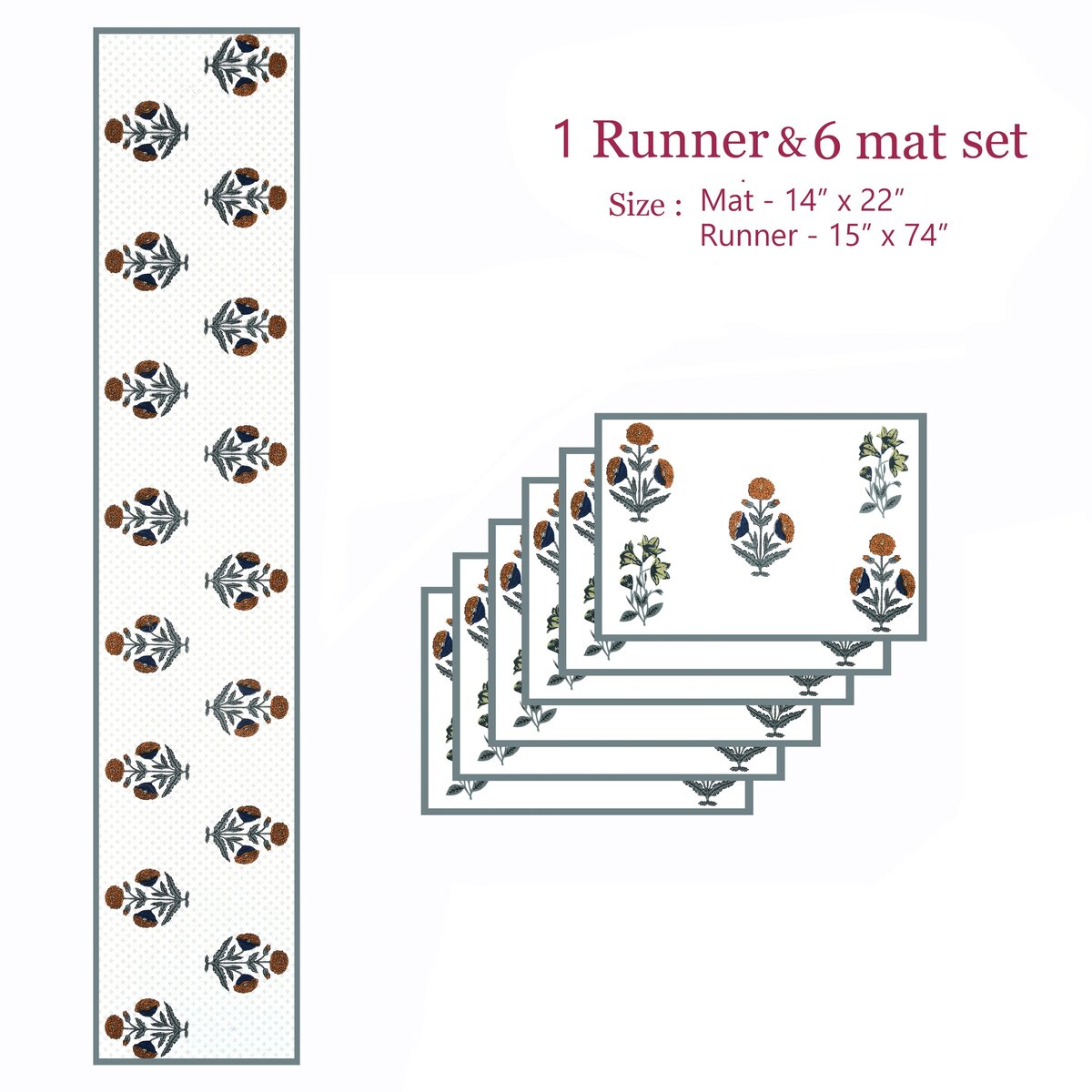 Cotton Handblock Printed Canvas Cotton Table Runner & Set Of 6 Mats with Gift Box