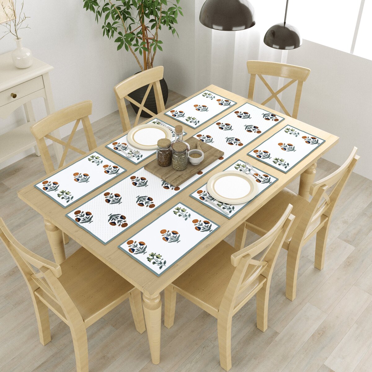 Cotton Handblock Printed Canvas Cotton Table Runner & Set Of 6 Mats with Gift Box