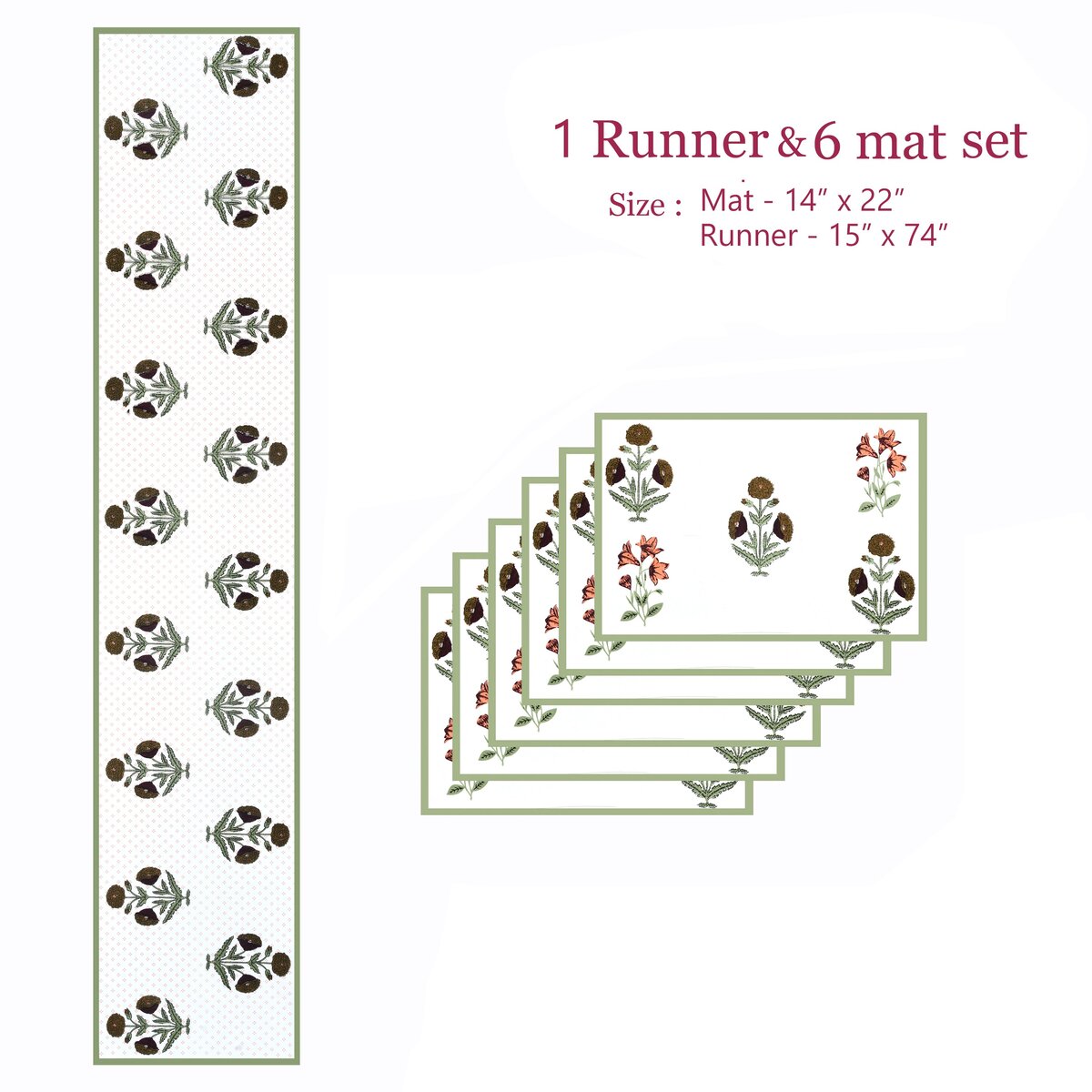 Cotton Handblock Printed Canvas Cotton Table Runner & Set Of 6 Mats with Gift Box