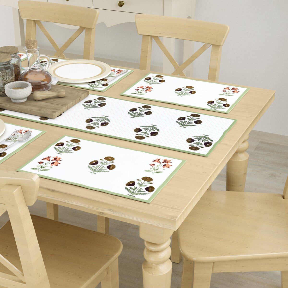 Handblock Printed Canvas Cotton Table Runner With Set Of 6 Mats