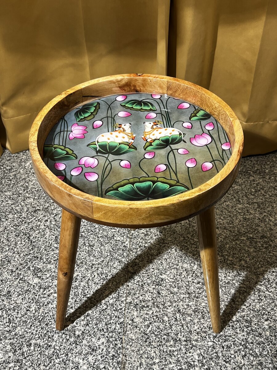 Handcrafted wood and epoxy resin topped stool