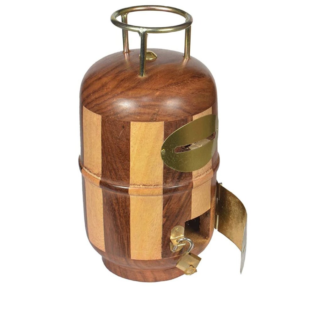 Cylindrical handcrafted wooden money bank