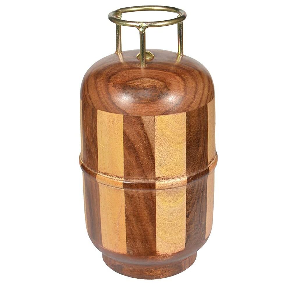 Cylindrical handcrafted wooden money bank