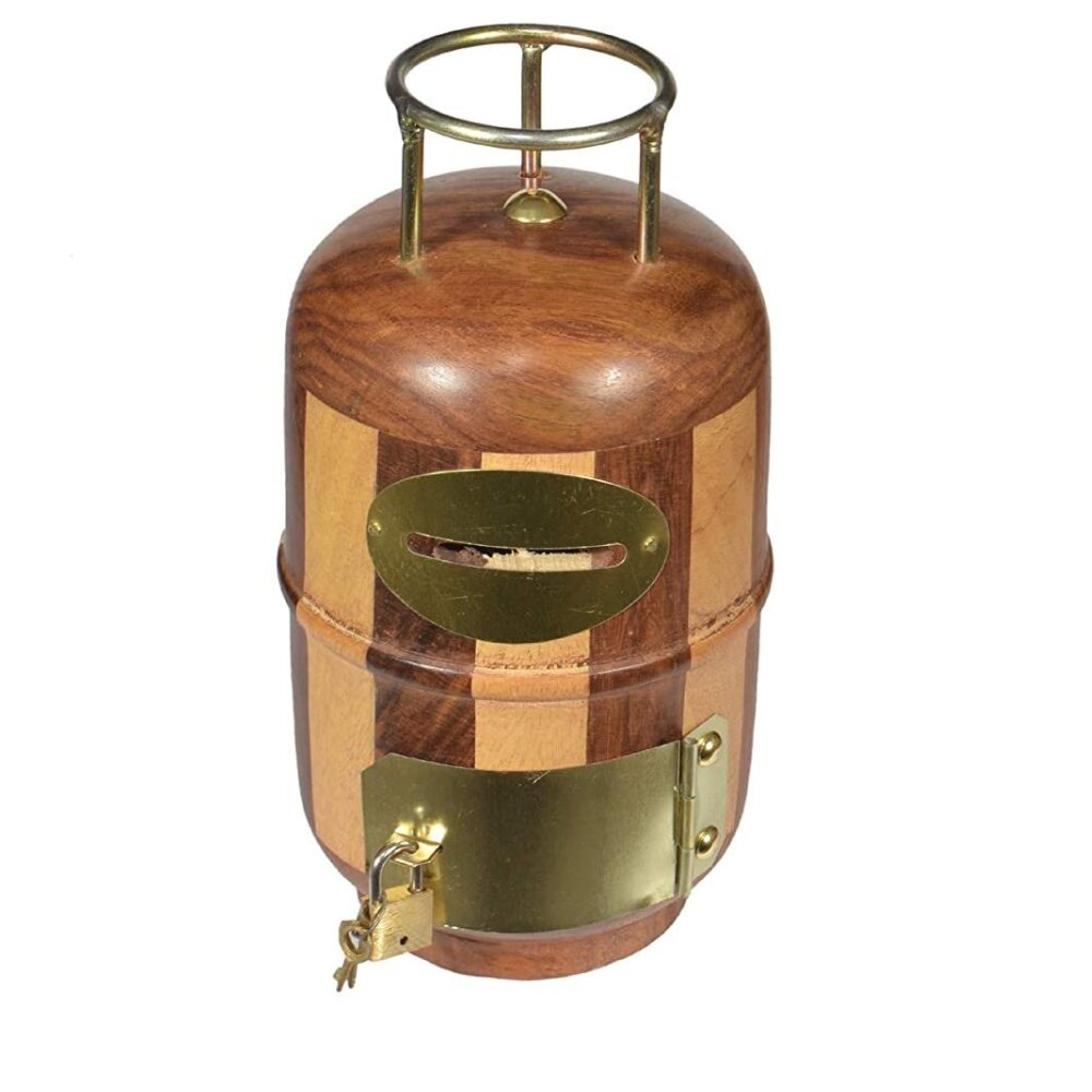 Cylindrical handcrafted wooden money bank