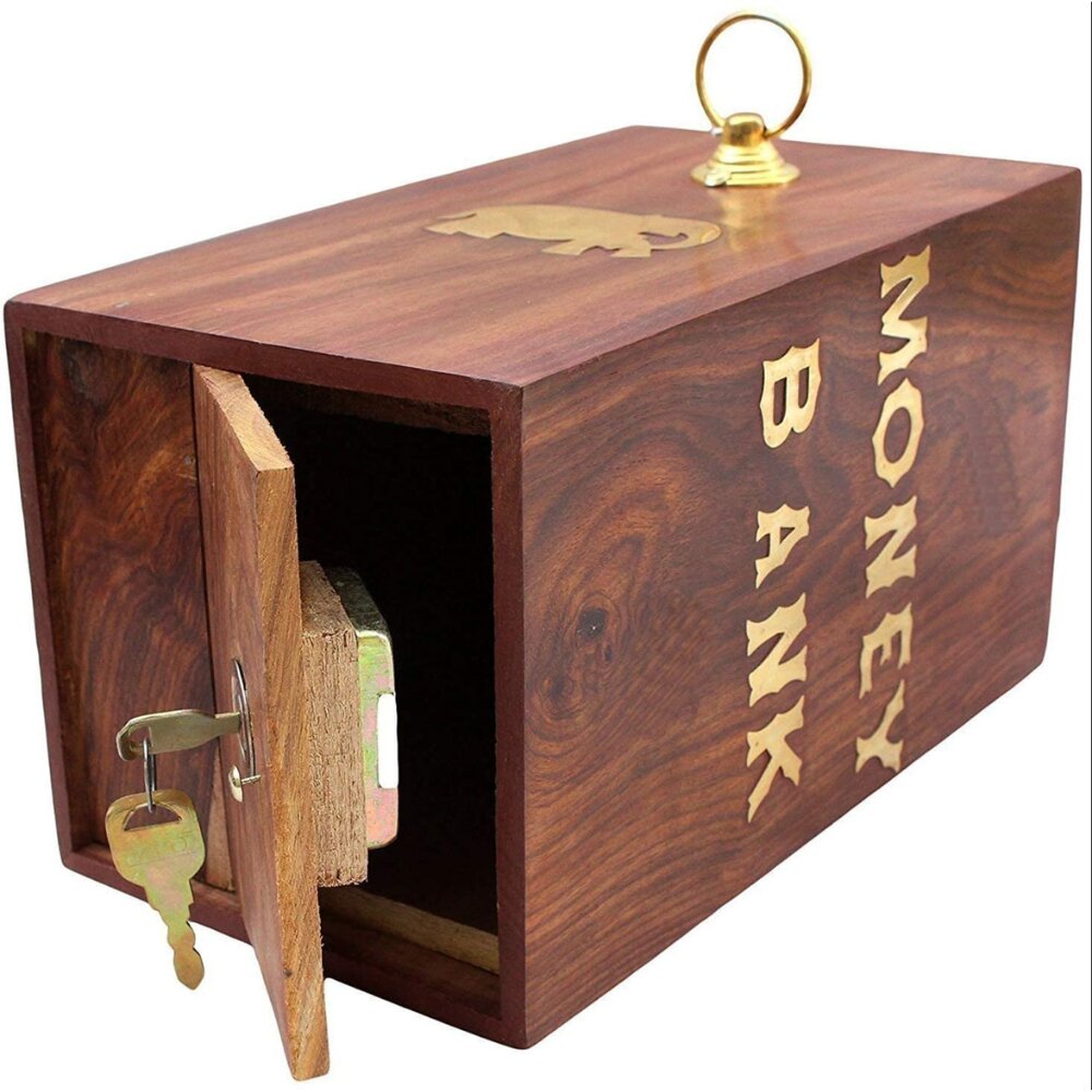 Handcrafted wooden money bank gift