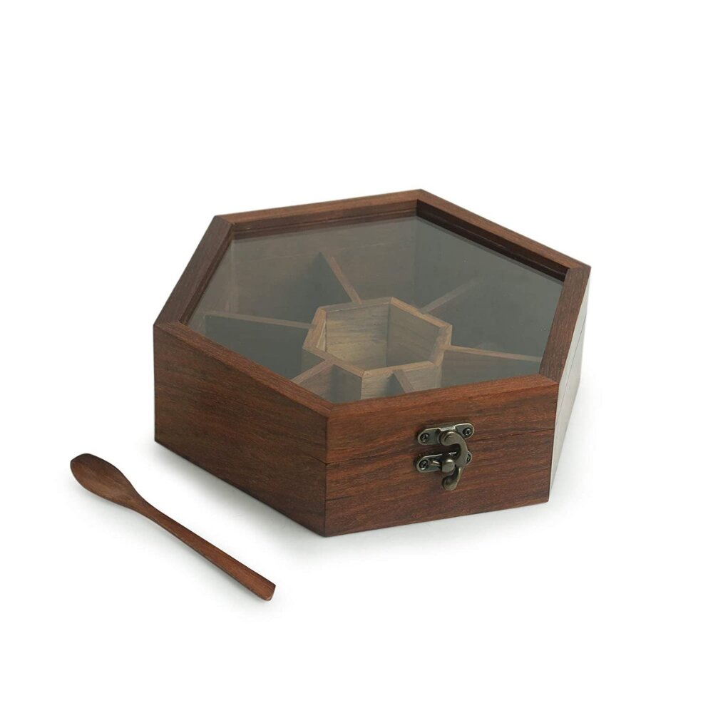 Natural wood spice box set with spoon