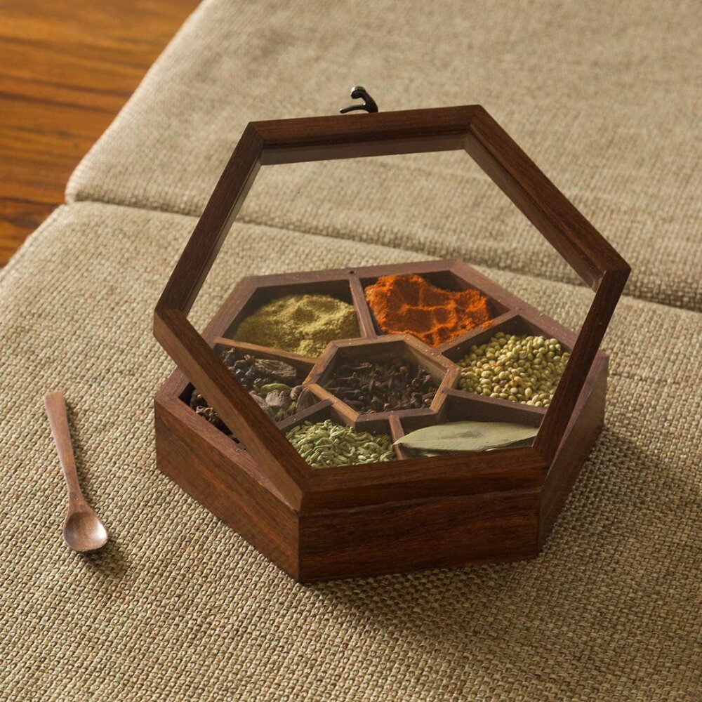 Natural wood spice box set with spoon